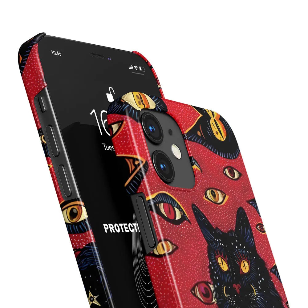 Retro style cat eye design hard shell phone case for iPhone, shown in frosted and glossy finish options.