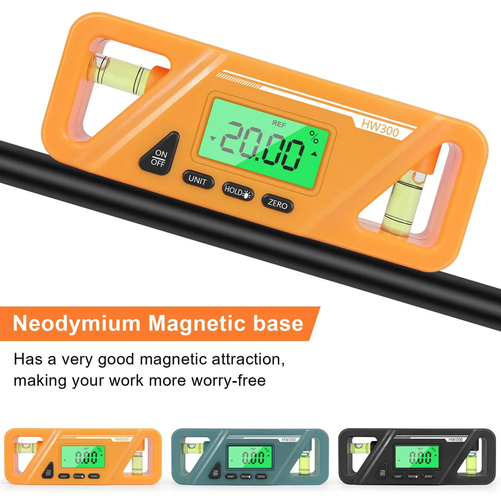 Digital display inclinometer level meter with magnetic base, showing angle reading on screen.