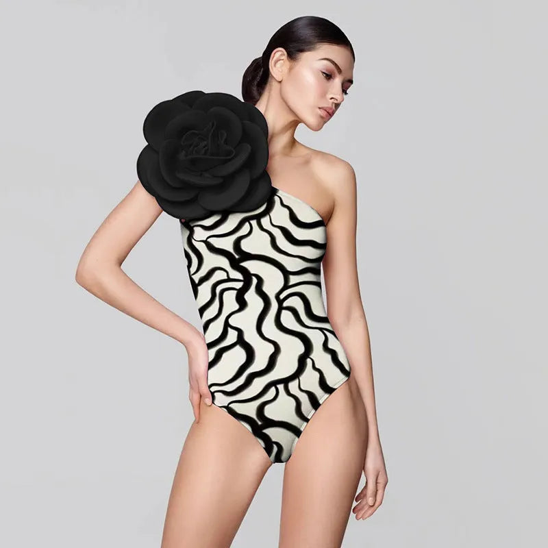 European American style one-piece swimsuit with three-dimensional floral pattern in nylon fabric