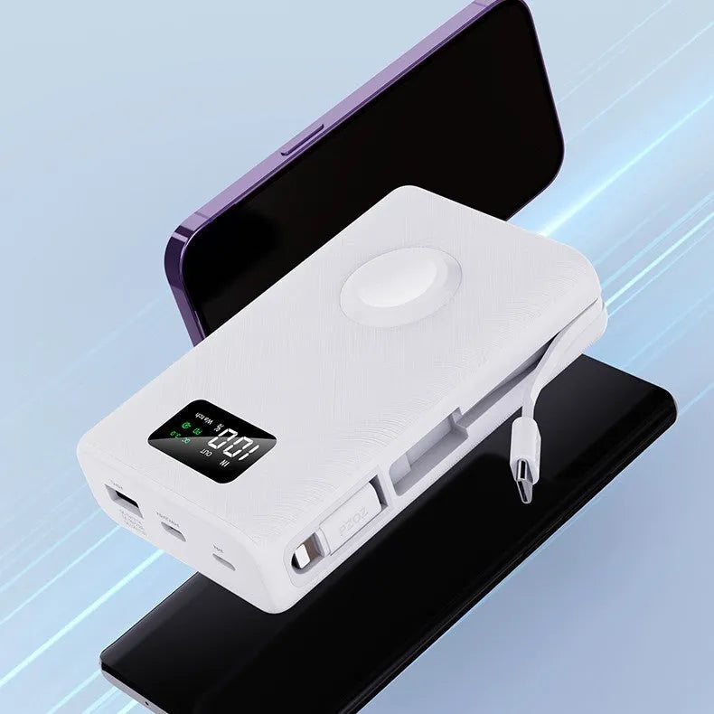 Black and white wireless power bank showing display screen and attached charging cable