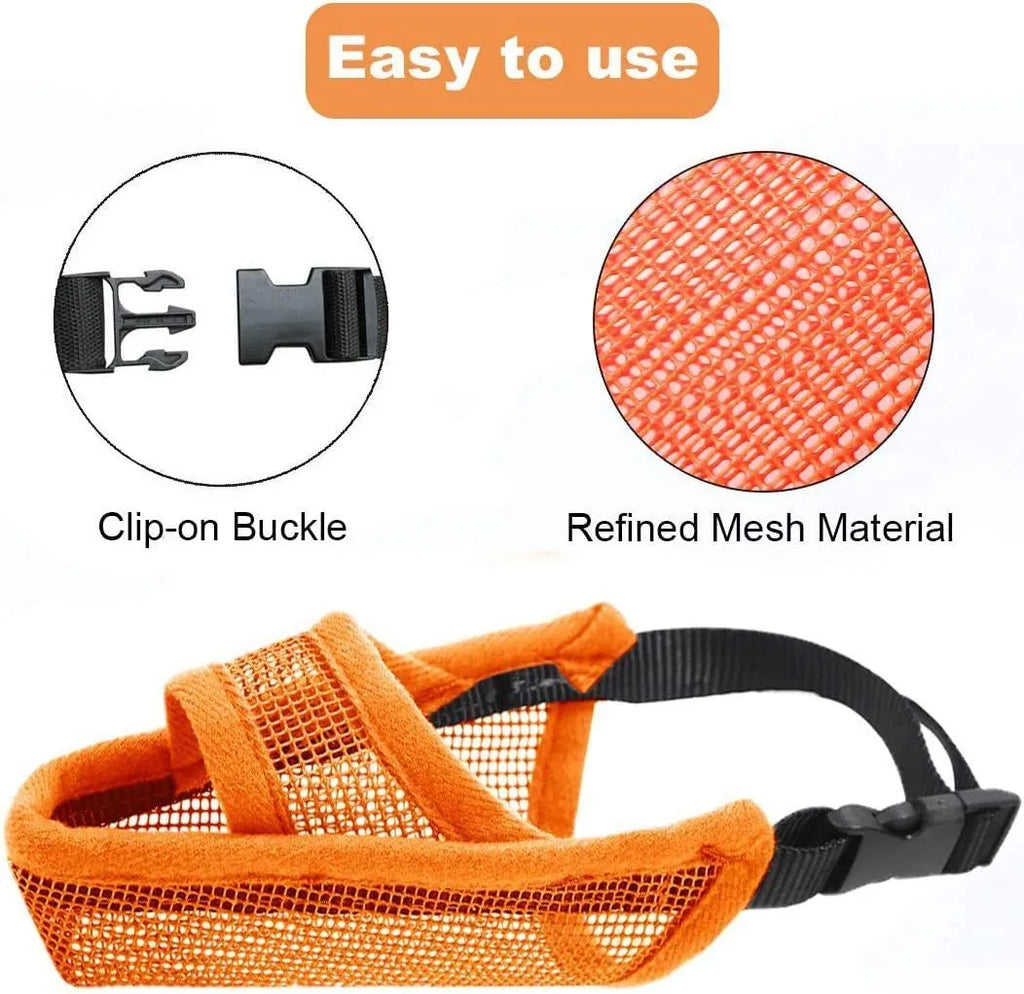 Breathable mesh dog muzzle in black or orange, sizes XXS to XL, with adjustable fit for anti-bite and anti-barking use.
