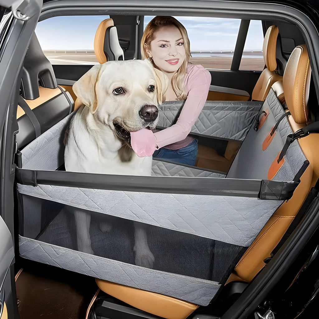 Grey water resistant dog bed measuring 56cm square with cloth material