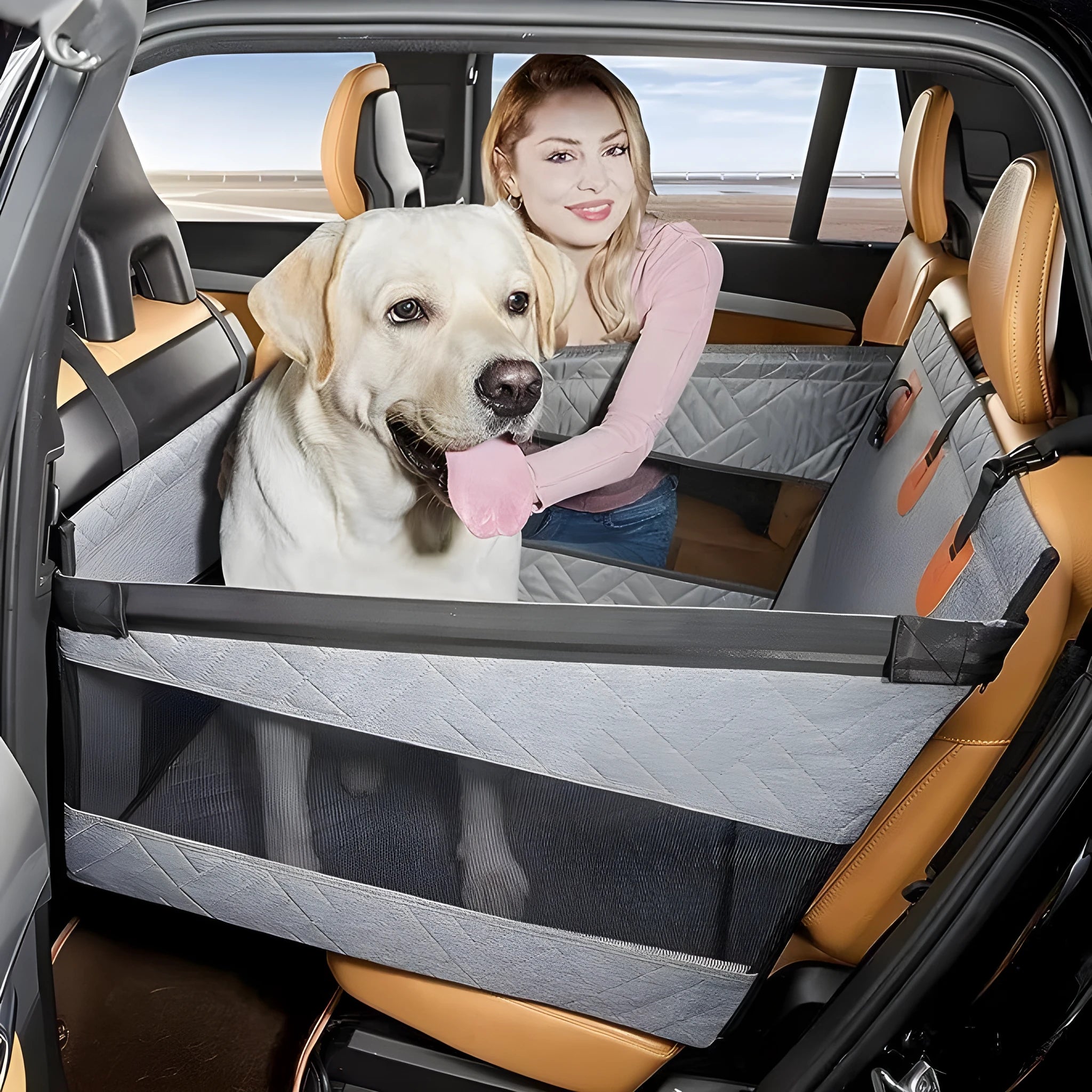 Grey water resistant dog bed measuring 56cm square with cloth material
