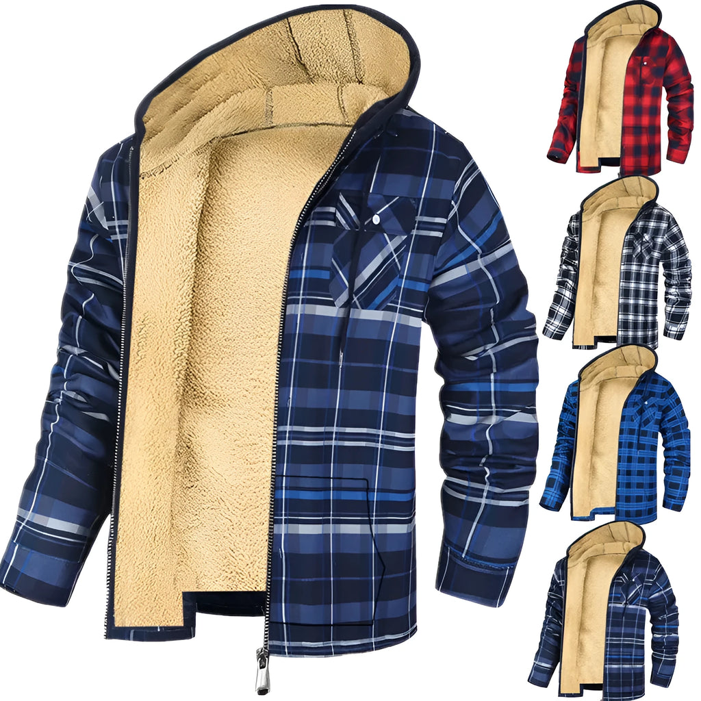 Men's plaid print hooded zip-up jacket, winter thickened cotton-padded coat, M-4XL, multiple colours