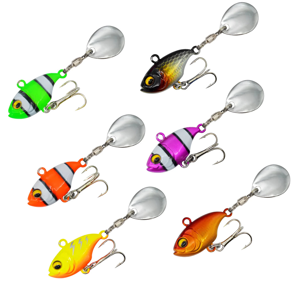 Metal fishing lure with a rotating sequin plate in zebra stripe orange colour.