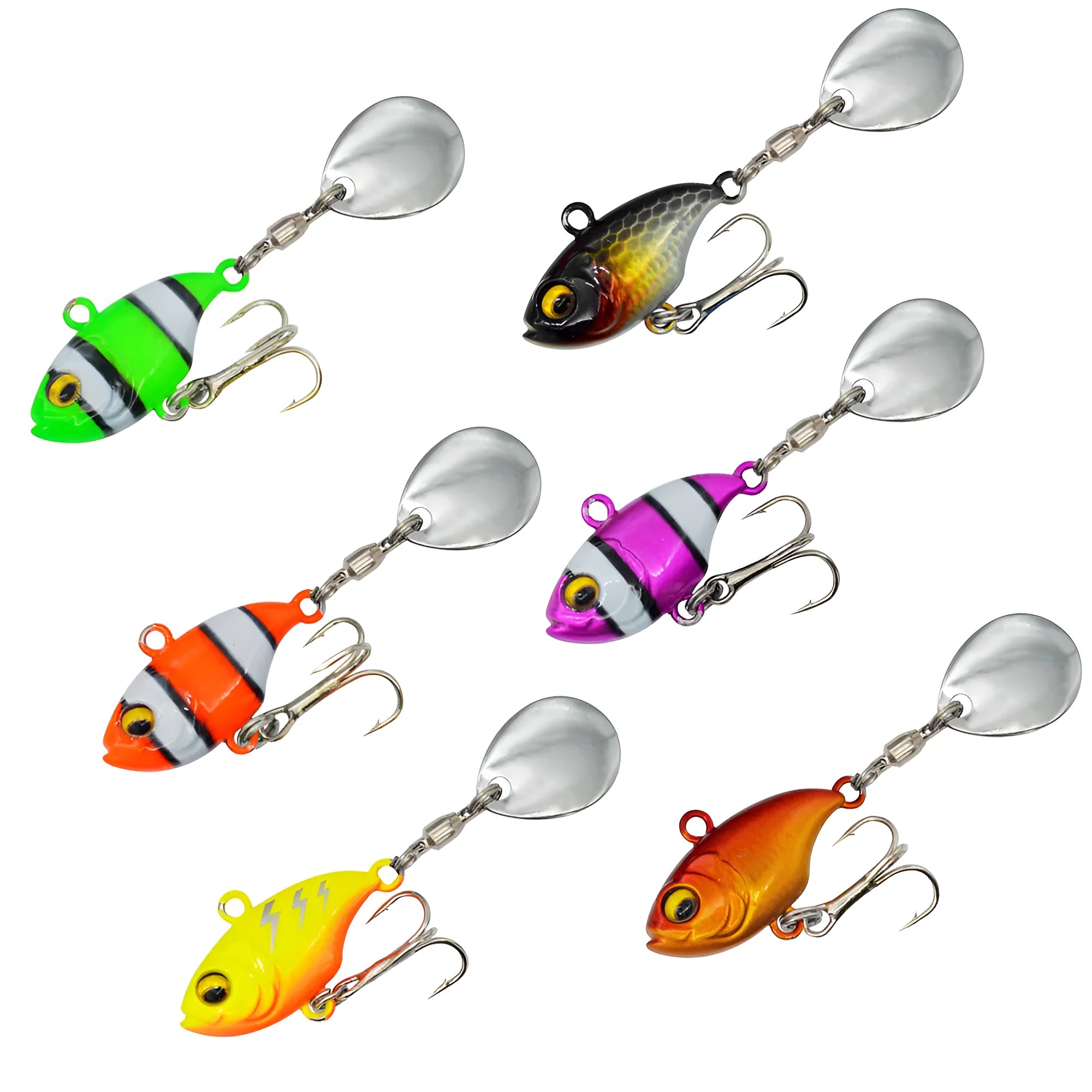 Metal fishing lure with a rotating sequin plate in zebra stripe orange colour.