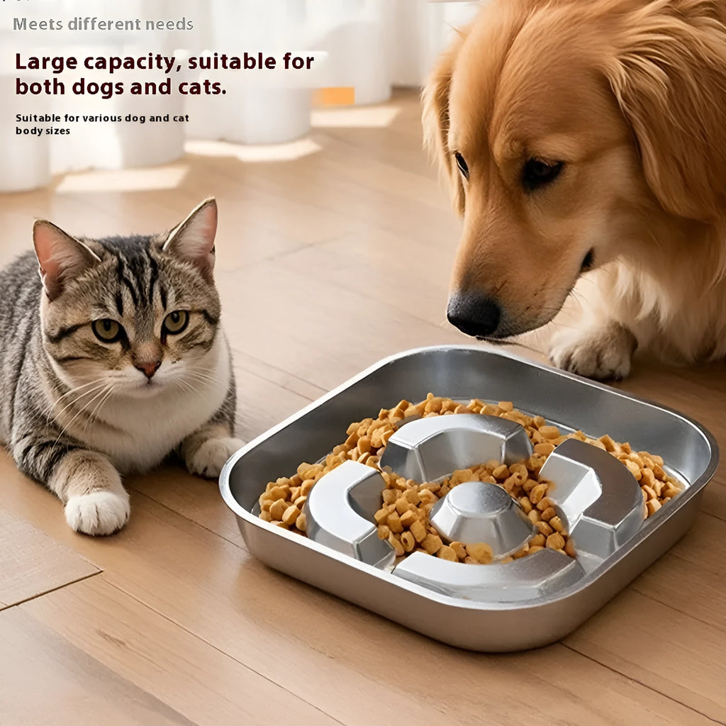 Pet square stainless steel slow feeding bowl with obstacles, Bone Square style, on a floor