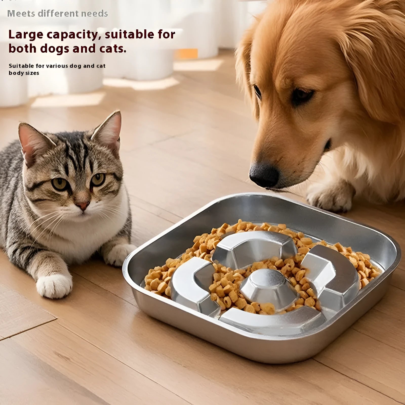 Pet square stainless steel slow feeding bowl with obstacles, Bone Square style, on a floor