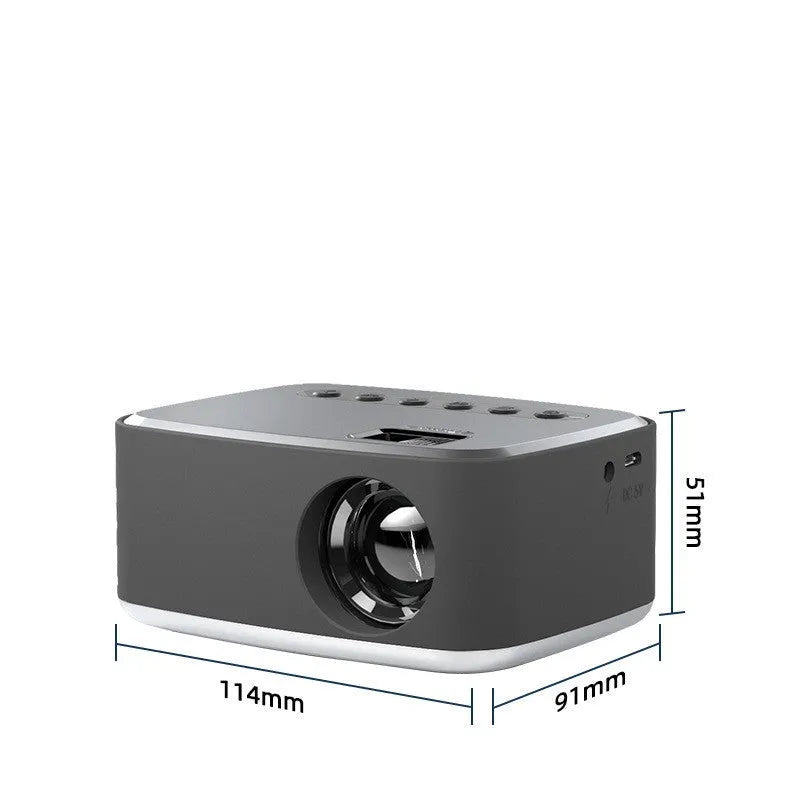 T20 Mini Projector in silver black with LED lens, remote control, and power cord on a table