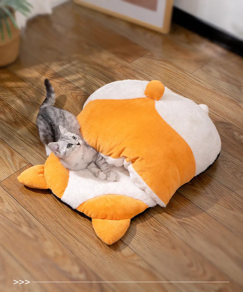 Orange semi-closed cat sleeping bag with plush texture, 65x53x12cm, on a wooden floor