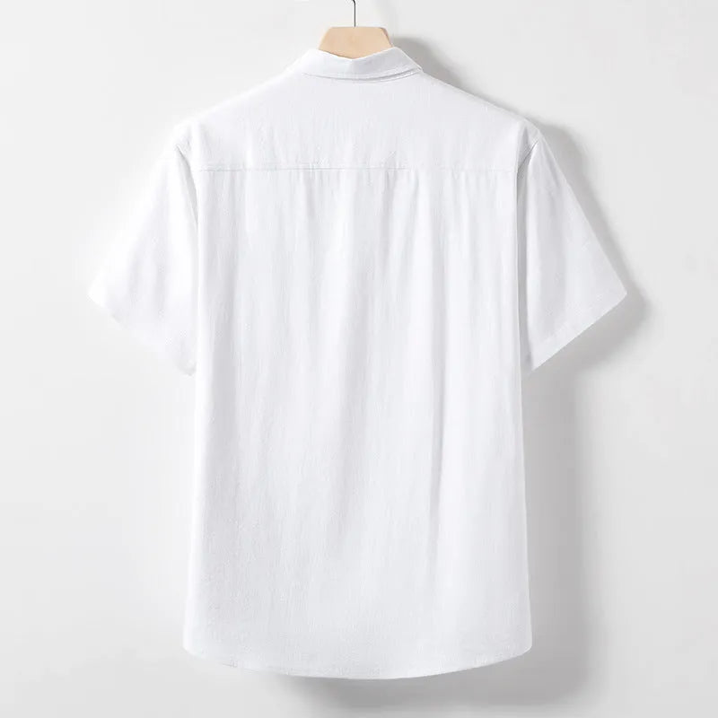 Men's linen blend T-shirt with loose lapel neckline in short sleeve solid colour design