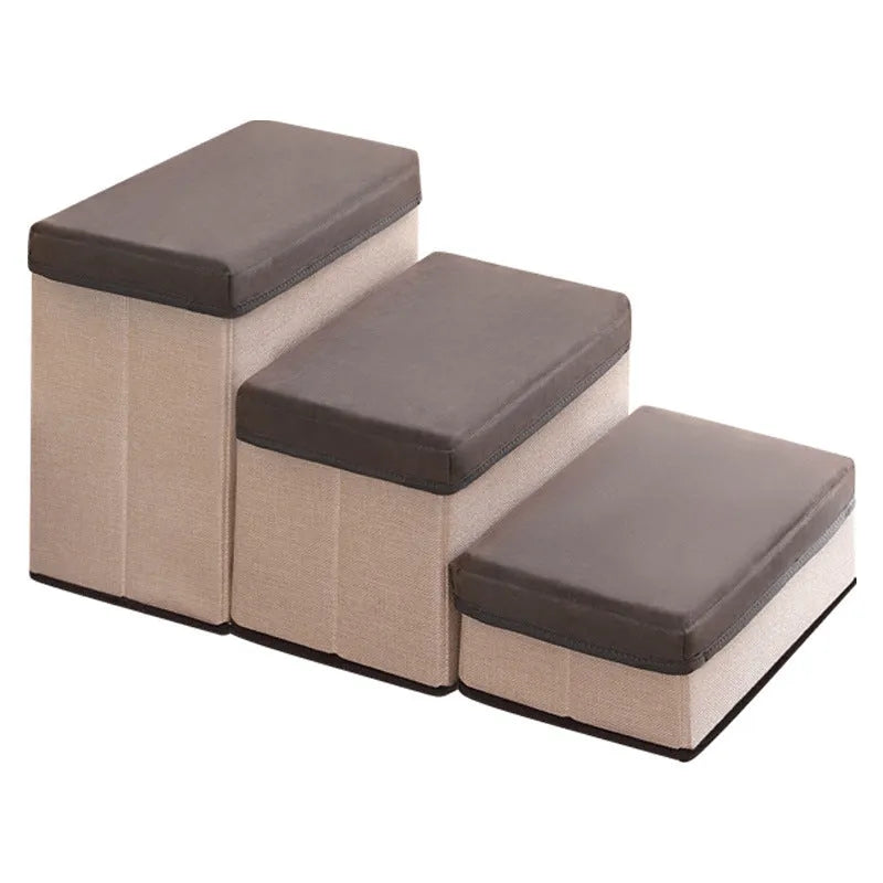 Foldable third-level pet stairs ladder with non-slip steps in brown cloth material