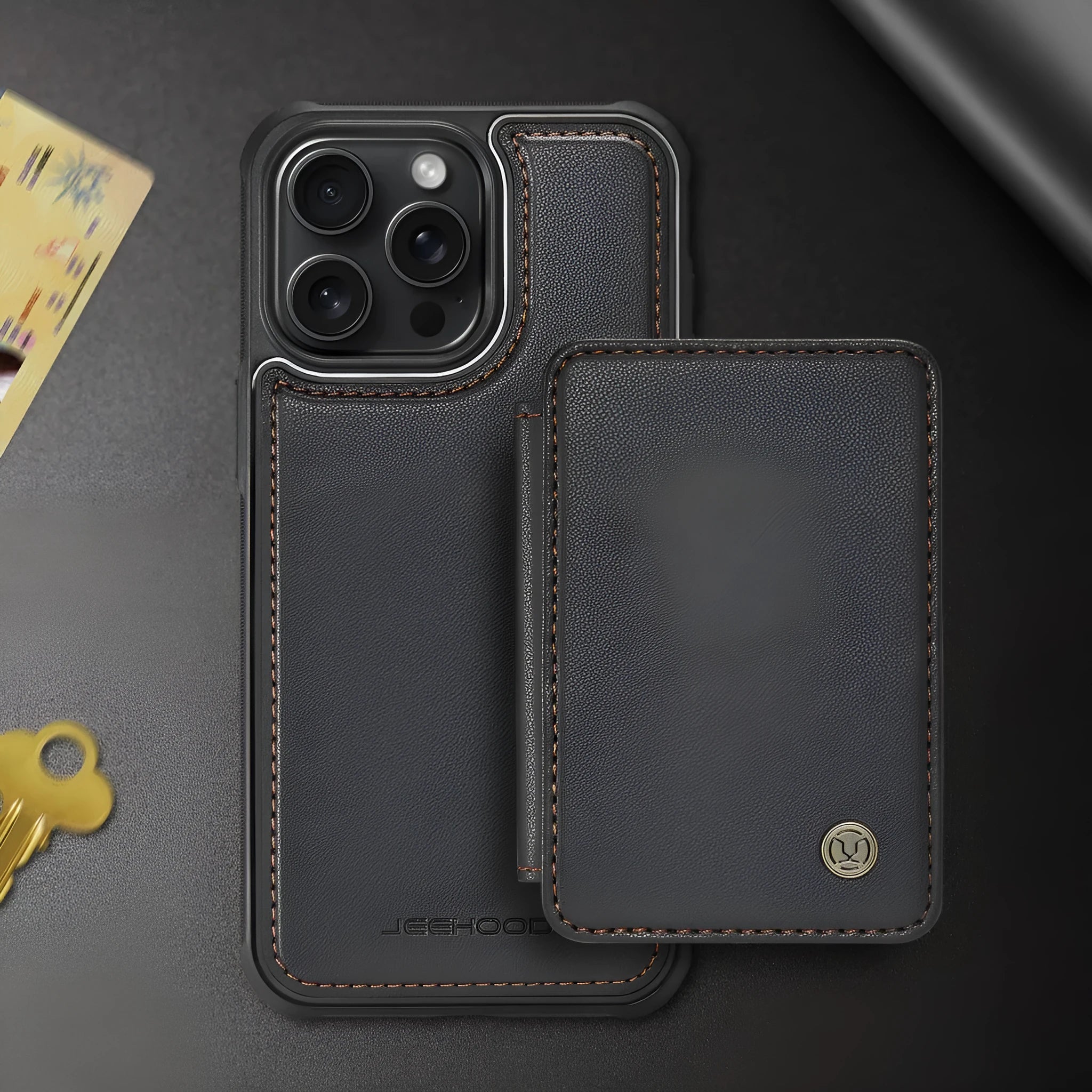 Magnetic card phone case for Samsung in black with drop-resistant imitation leather wallet style