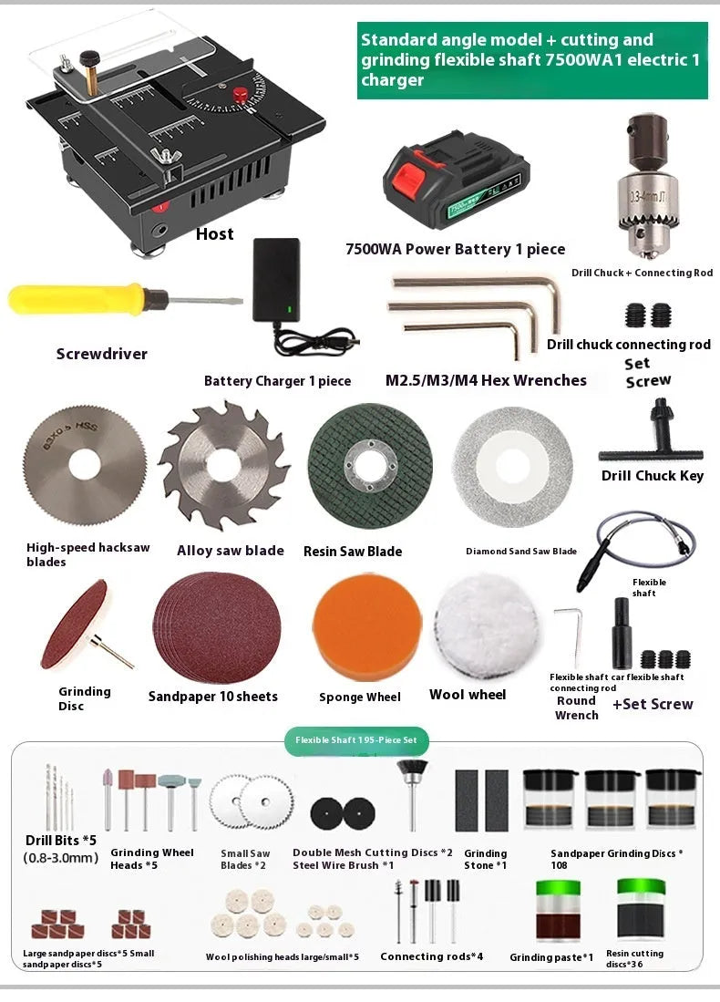 Lithium-ion battery-powered micro desktop saw with metal body on a workbench.