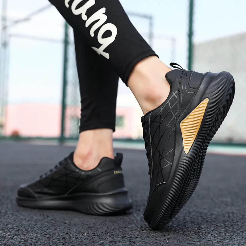 Men's casual running shoes with microfiber upper, mesh lining, PU sole, in black red, black gold, or black and white, sizes 39-44