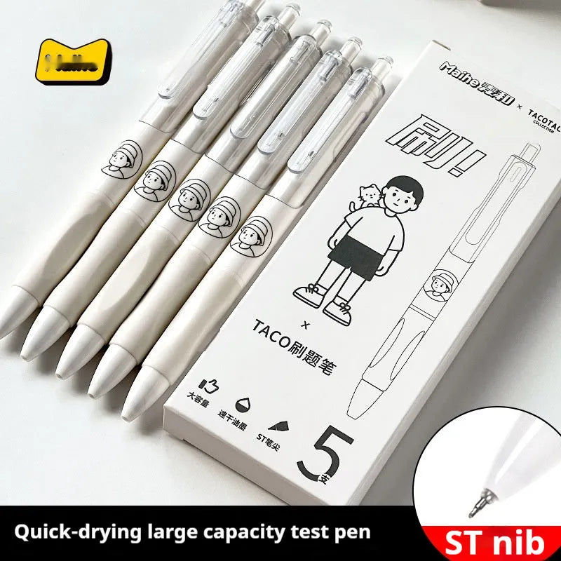 Five white plastic ballpoint pens with 0.5mm black refills for student writing