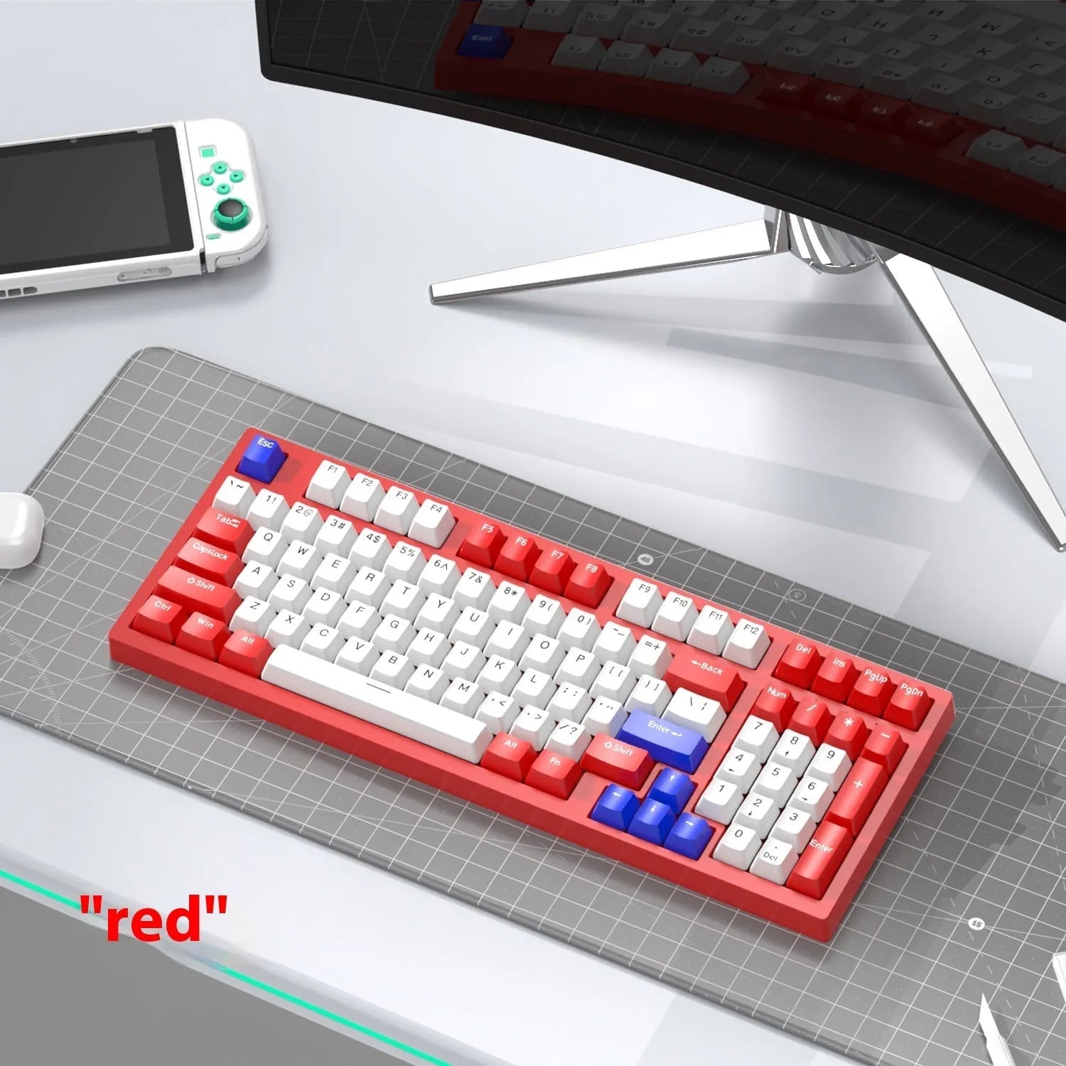 Custom mechanical keyboard and wireless mouse in selected colour option with backlight illumination.