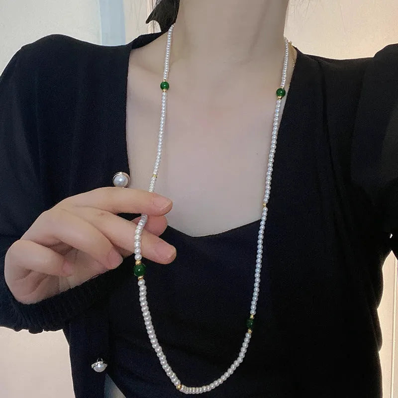 925 sterling silver twin clavicle necklace with 4mm pearl, 8mm green chalcedony bead and 4mm silver beads
