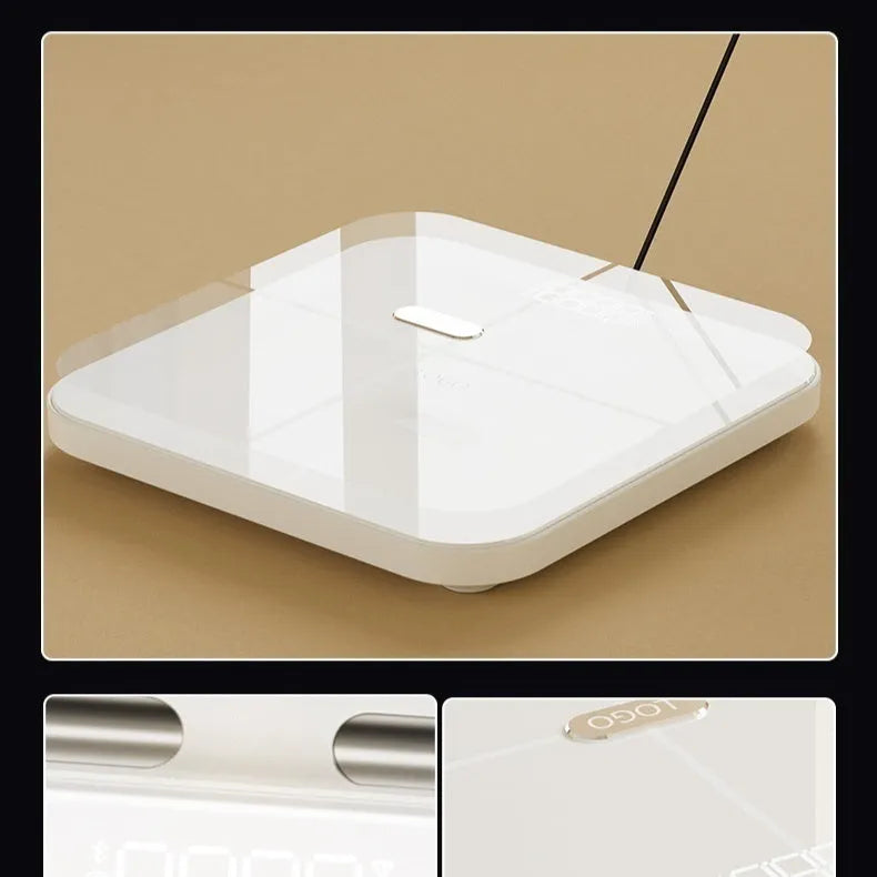 White professional body fat scale with eight electrodes and a large tempered glass platform.