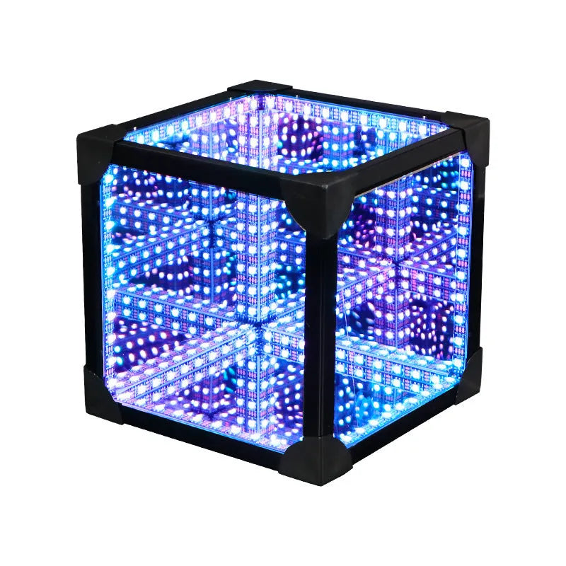 Thousand Mirrors 3D magic cube RGB LED lamp in black with remote control on desk
