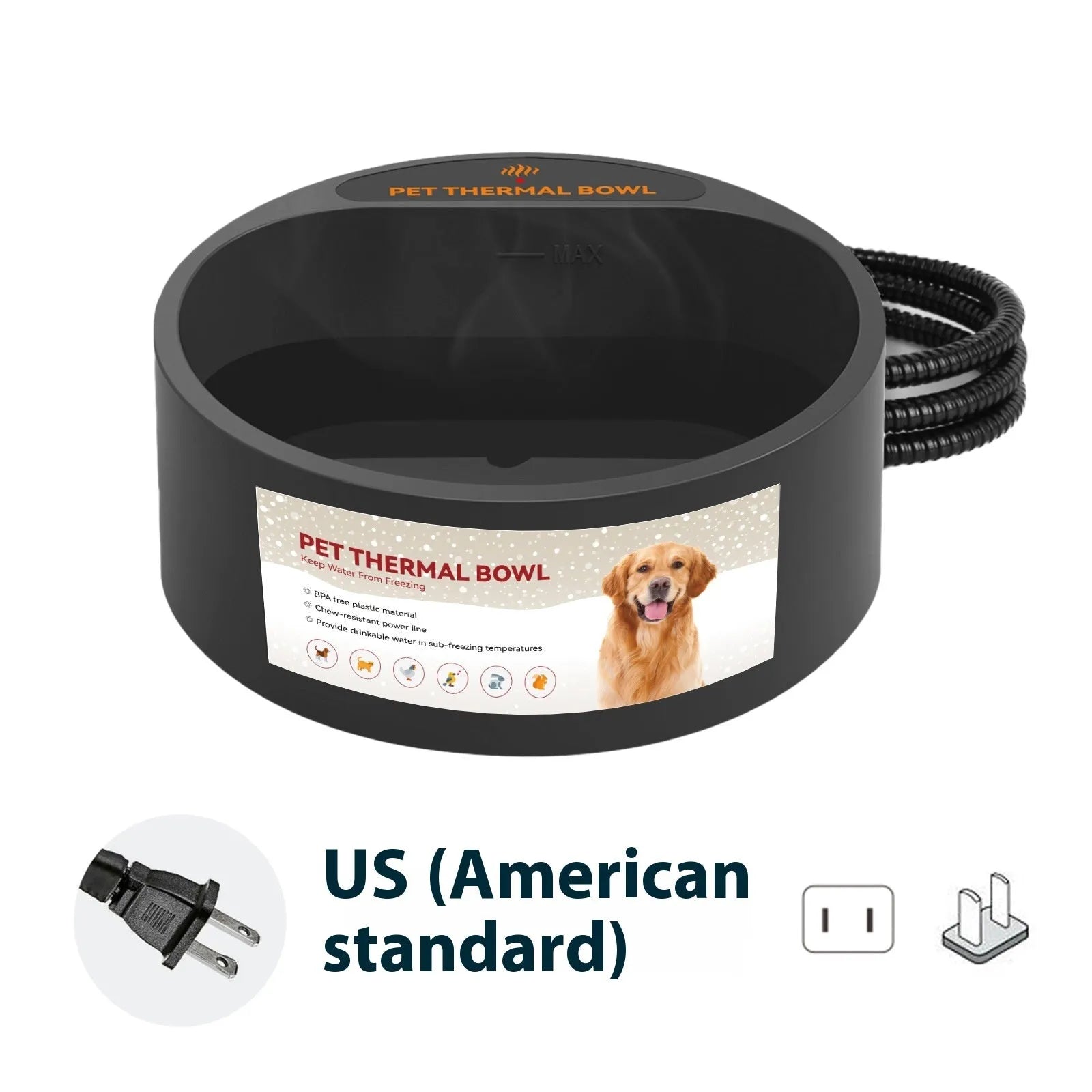 Black ABS plastic pet heating bowl with constant temperature control and 2.2 litre capacity.