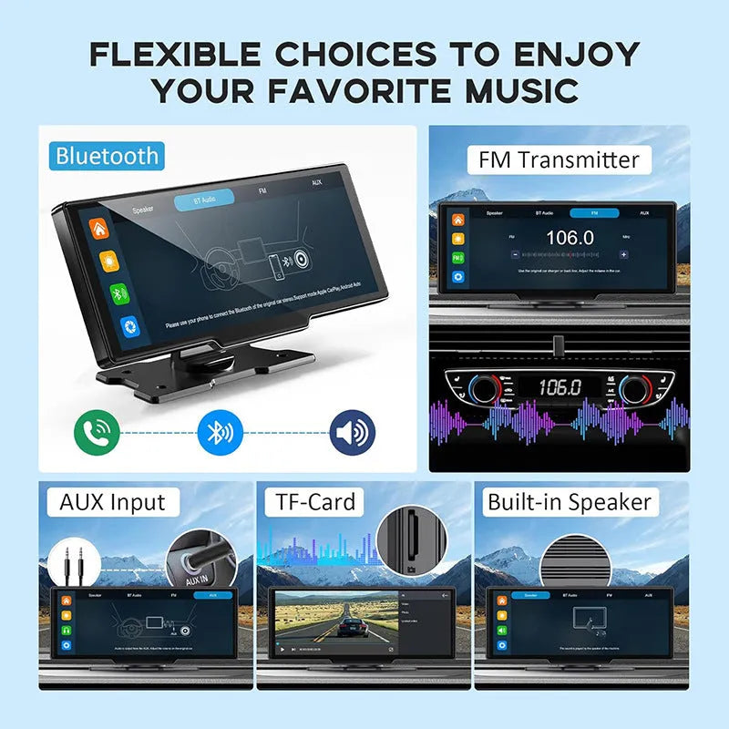 10.26-inch black car navigation device with touch screen showing split display of front and rear camera views