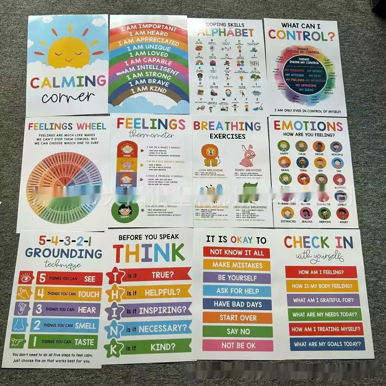 Calm corner poster set with 12 or 16 sheets in 35x25cm or 42x28cm sizes for classroom decoration