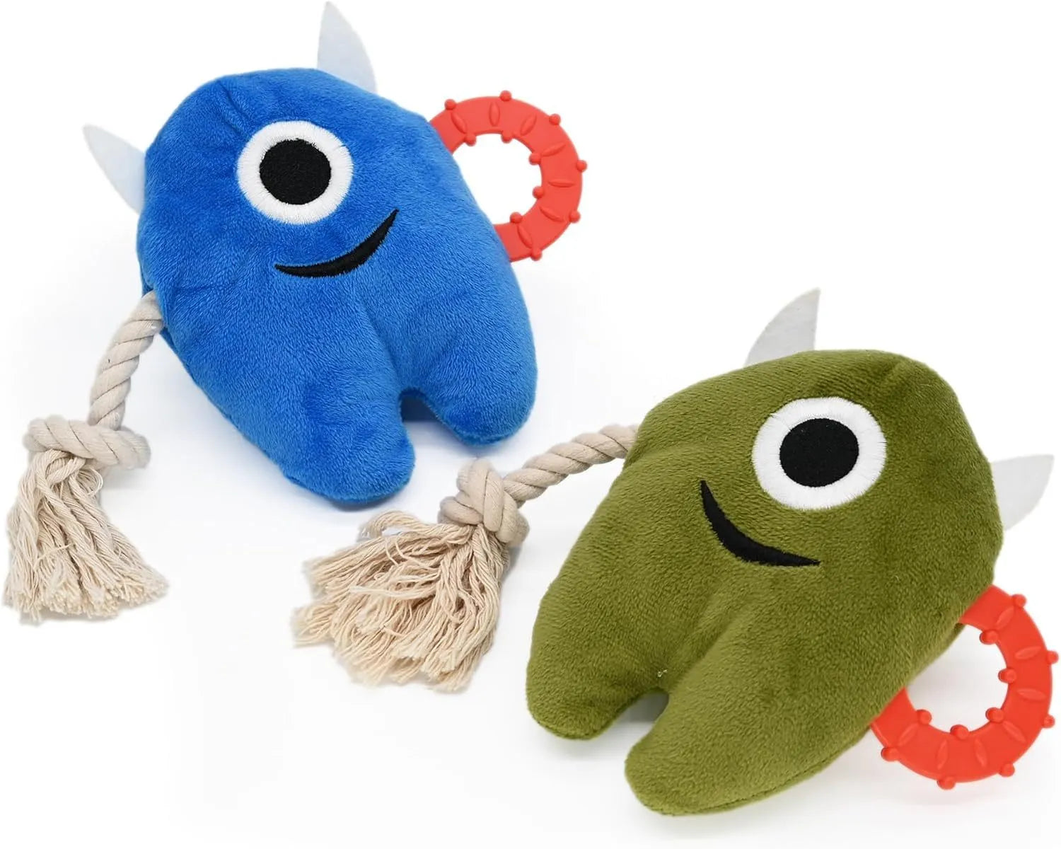 Blue and green plush dog toy with integrated cotton rope sections and a squeaker.