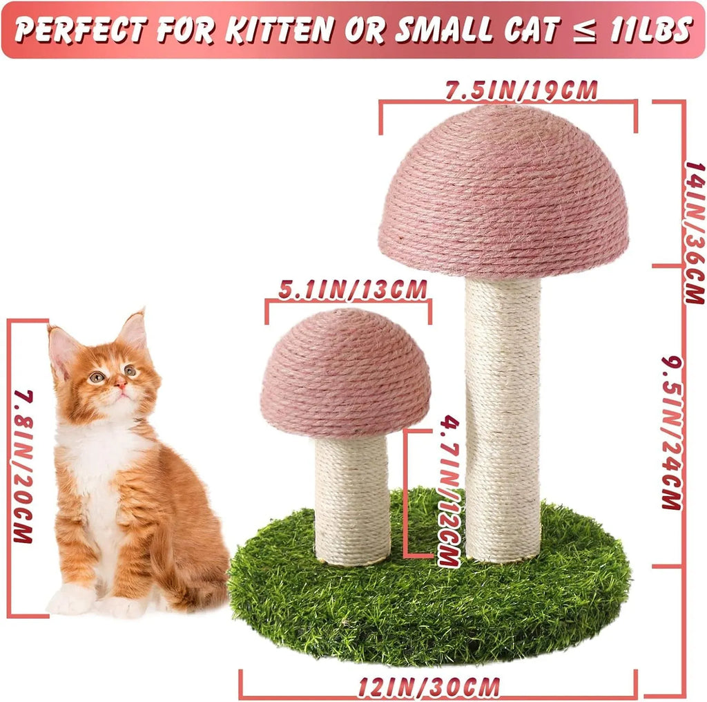 Pink mushroom-shaped cat scratching post with natural sisal rope for kittens and small cats