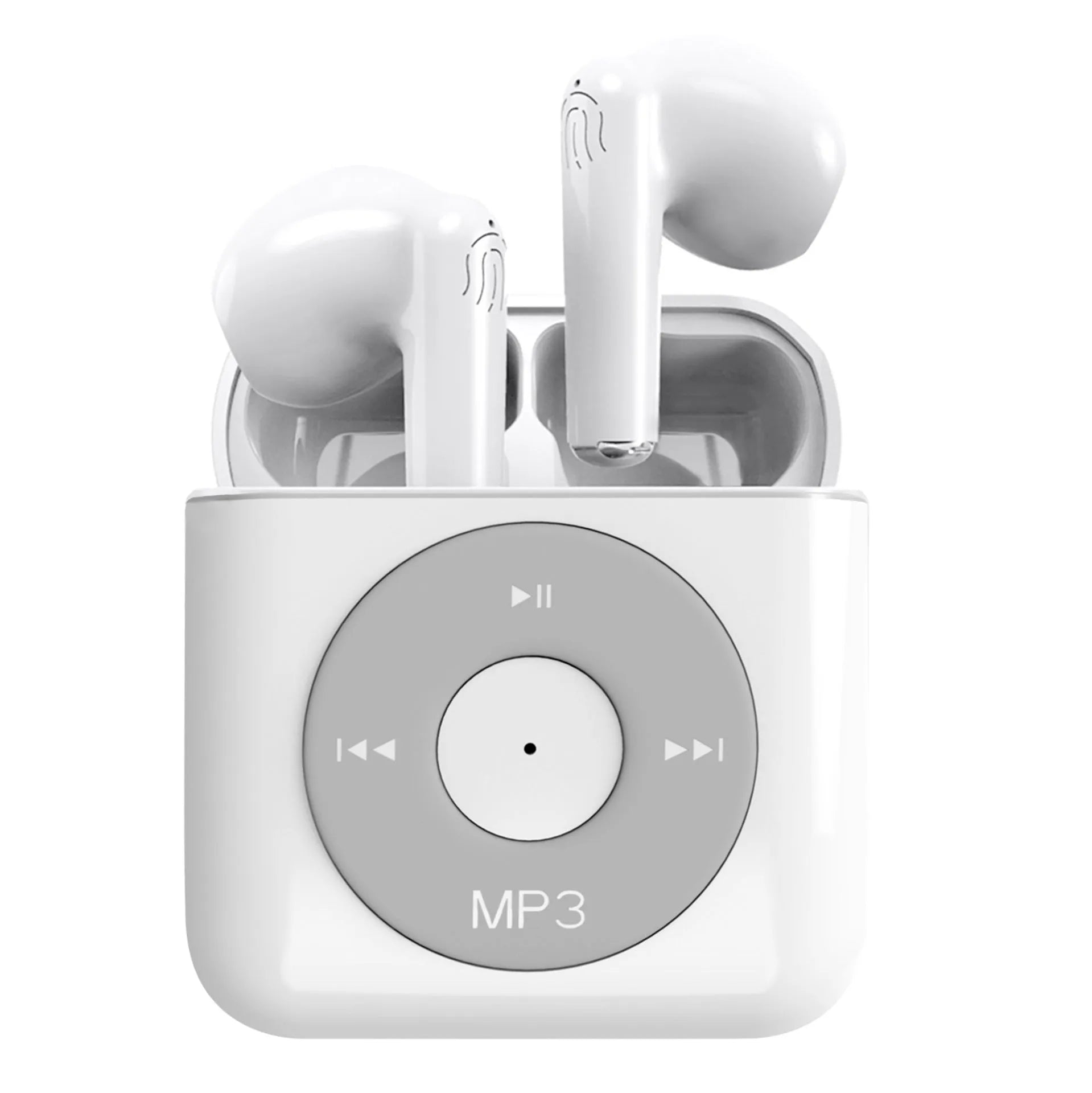 White wireless Bluetooth semi in-ear earphones with a charging case on a white background.