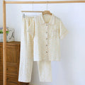 Women's yellow plaid cotton gauze short-sleeved top and trousers casual loose outfit set.