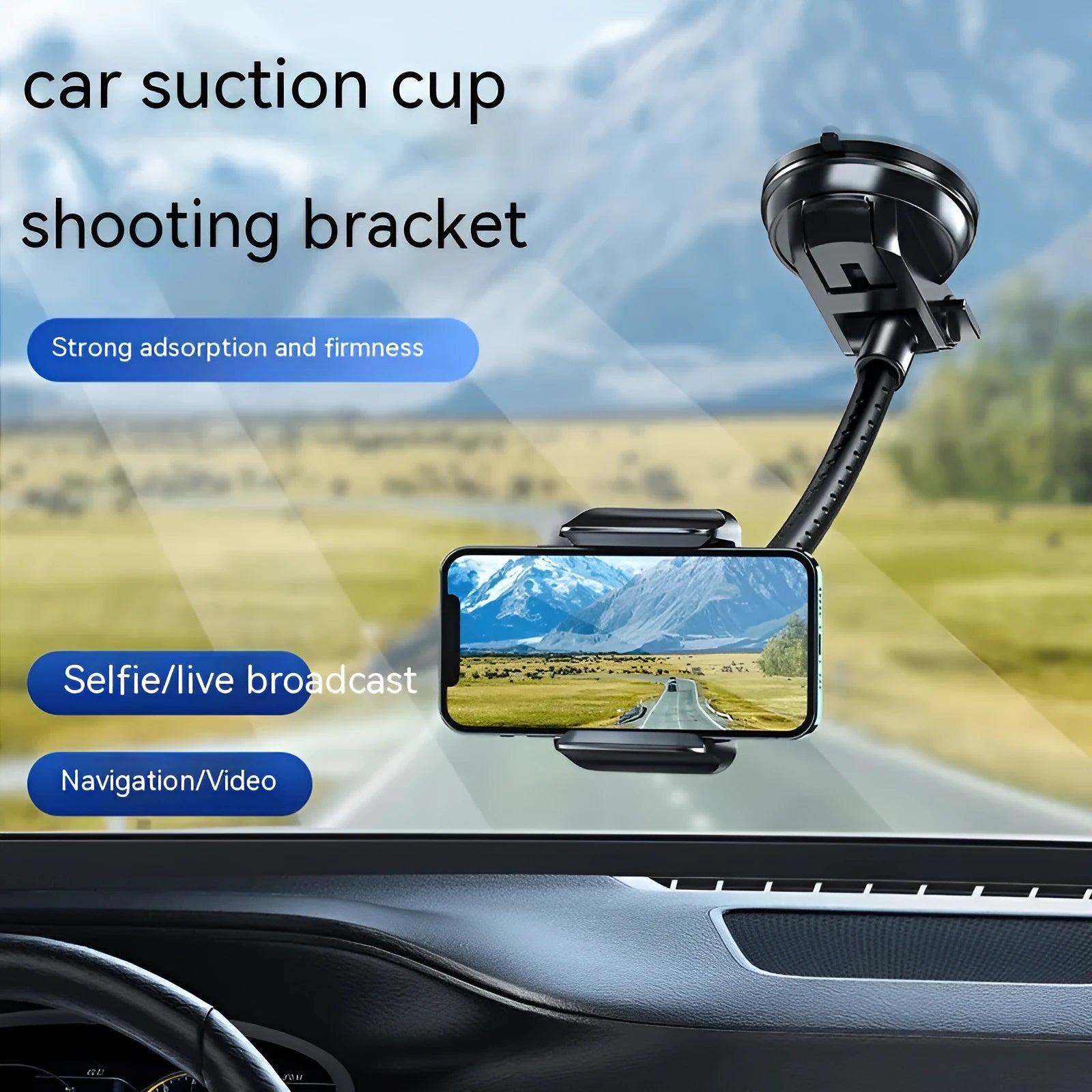 Black rotating metal car phone bracket with multi-angle adjustment for universal phone mounting