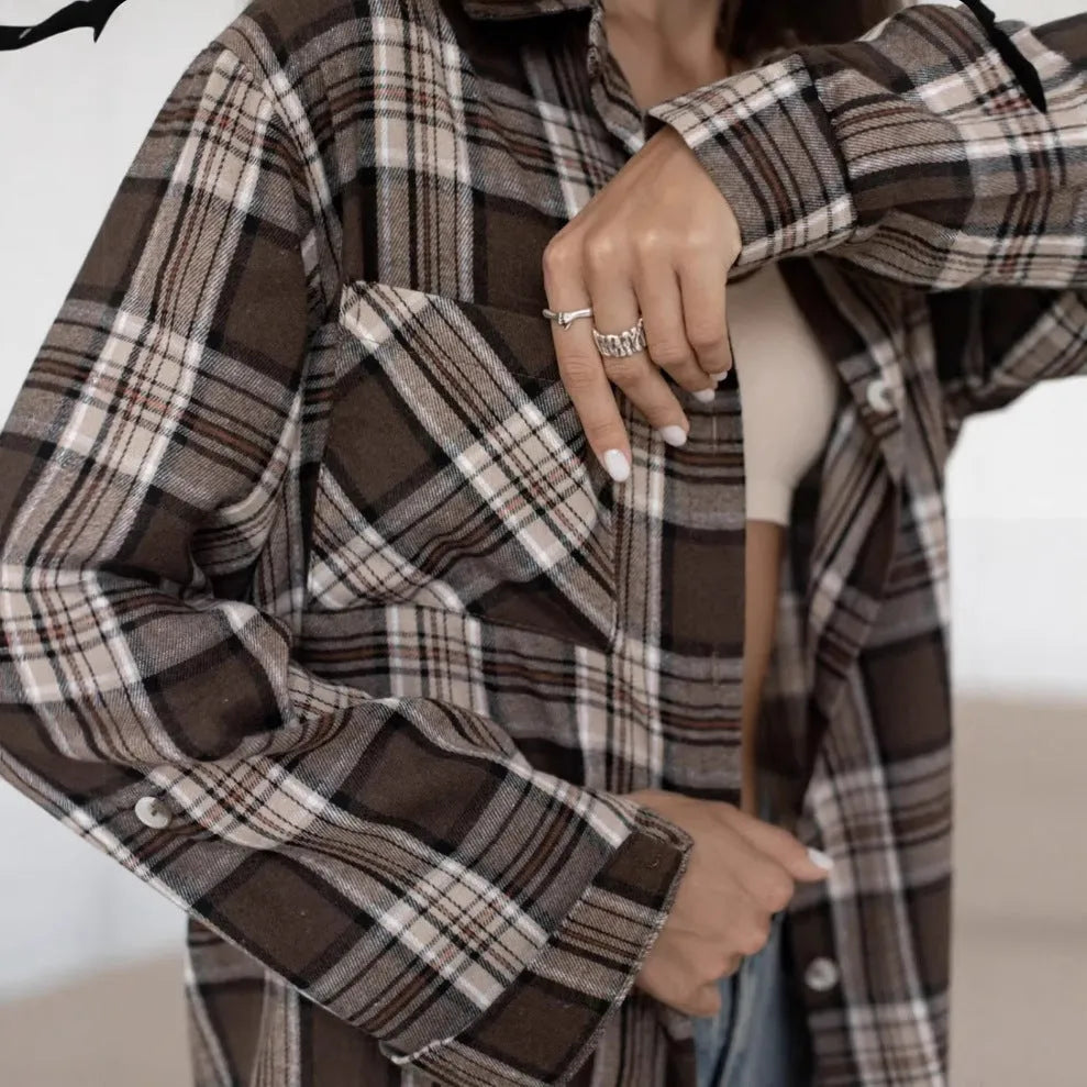 Dark brown retro striped women's long sleeve shirt with cotton fabric and regular fit