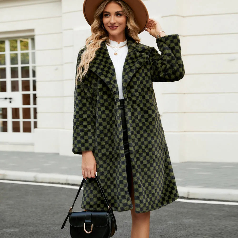 Women's mid-length plush coat in brown plaid artificial fur with loose fit and conventional sleeves