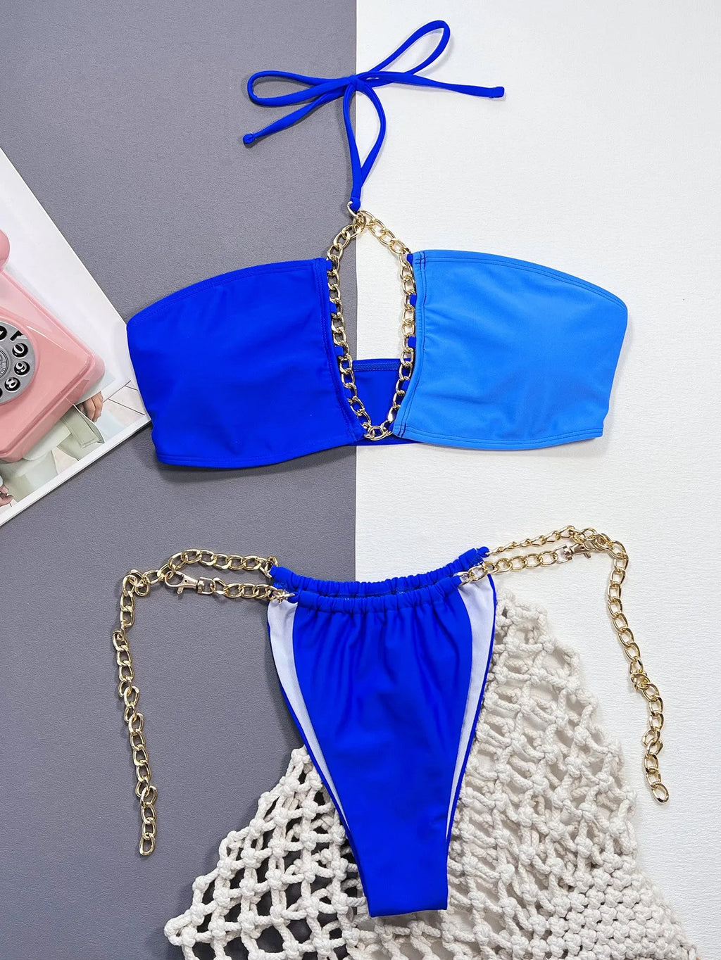 Blue solid colour women's bikini set with nylon fabric split top and bottom on model