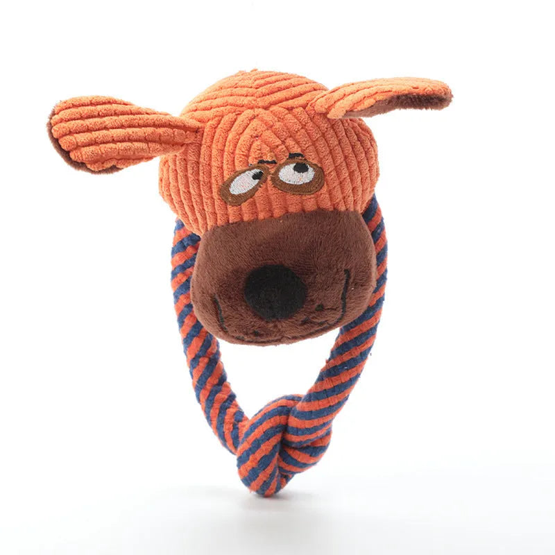 Dog cotton rope toy with sound feature in plush material, styled as a dog, elephant, or monkey