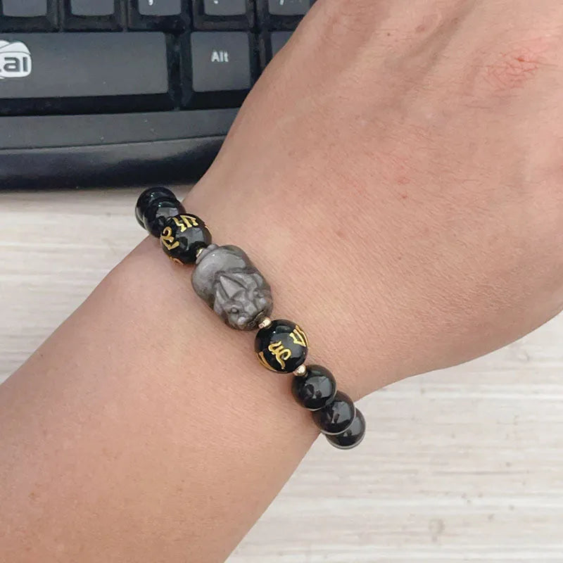 Men's silver stone bracelet with zodiac design and proverb beads in Chinese style