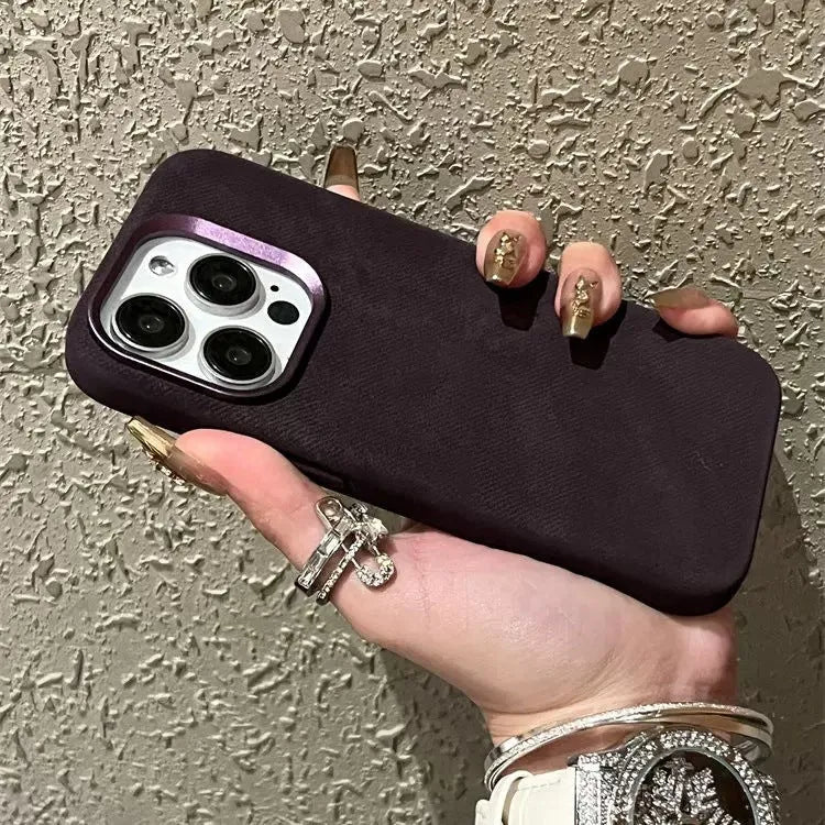 Magnetic velvet flannel hard phone case for iPhone in silver grey colour showing magnetic ring.
