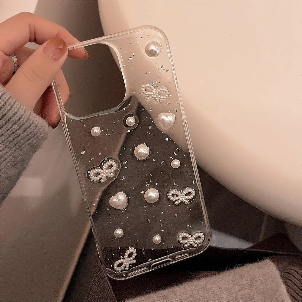 Epoxy stereo transparent TPU phone case for iPhone with love pearl white knot design