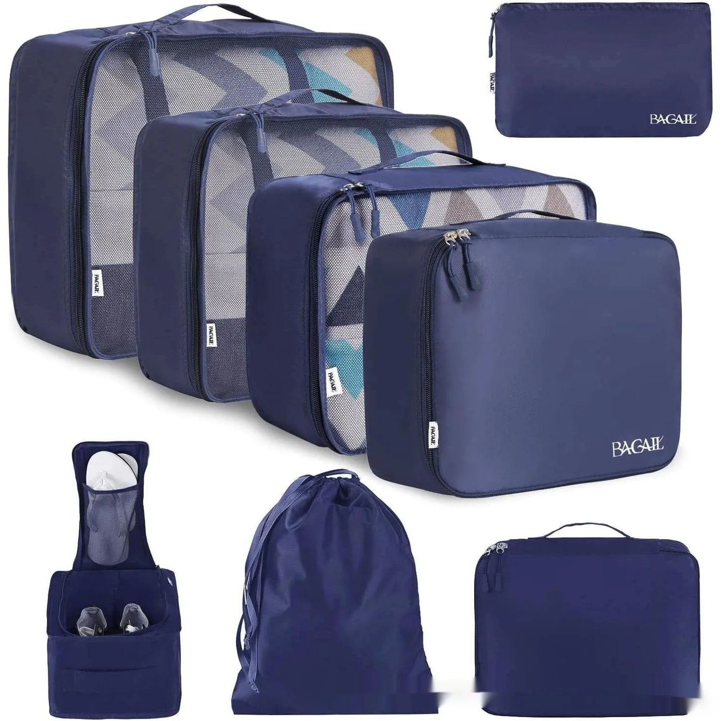 Set of eight cubic travel packing bags in various solid colours for underwear organisation