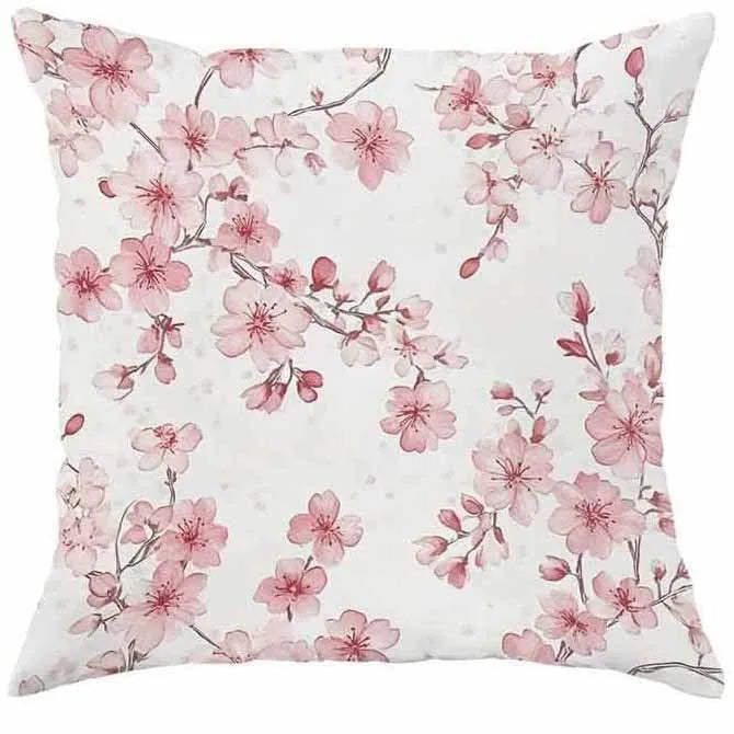 Short velvet cushion cover with cherry blossom letter design, 45cm square, shown in one of four colour options.