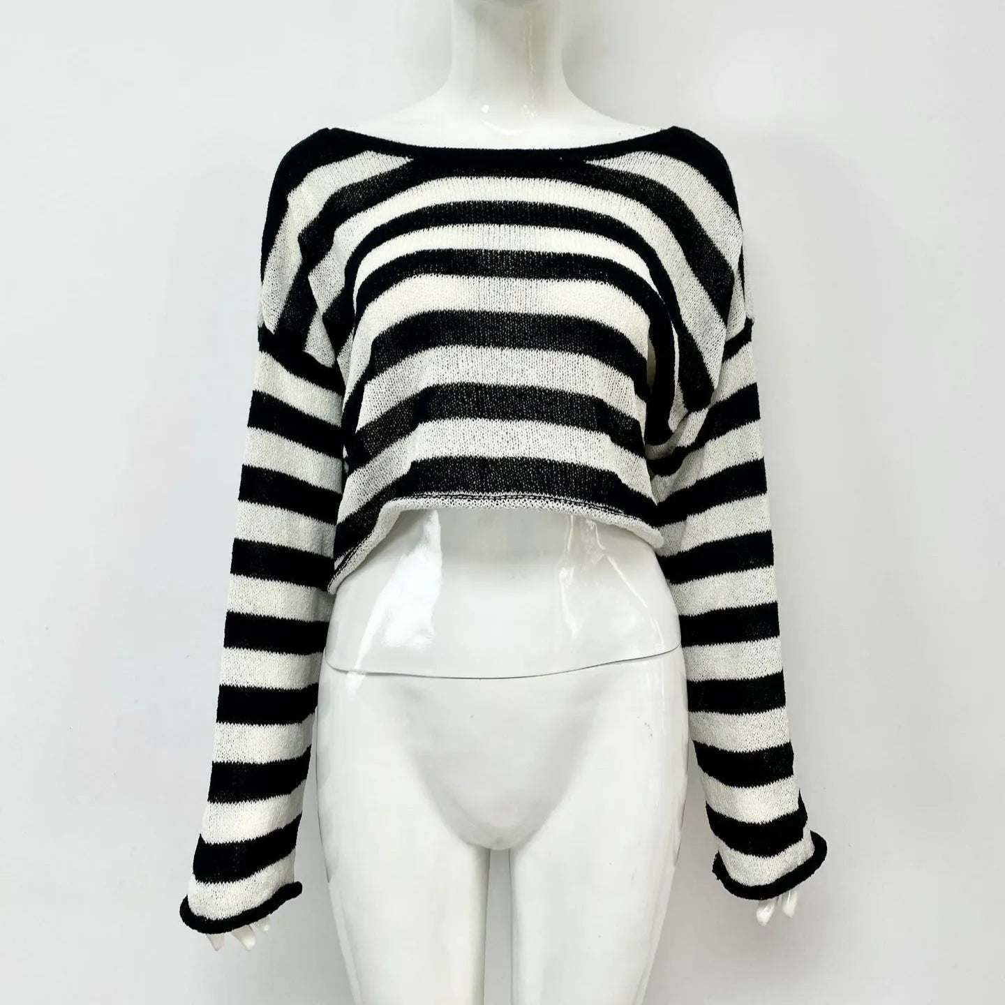 Striped long-sleeved cotton sweater shown wearable front and back, in black, pink, khaki, blue, or navy blue.