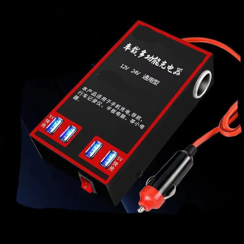 Black automotive power converter converting 12V/24V vehicle power to 220V AC with USB charging ports