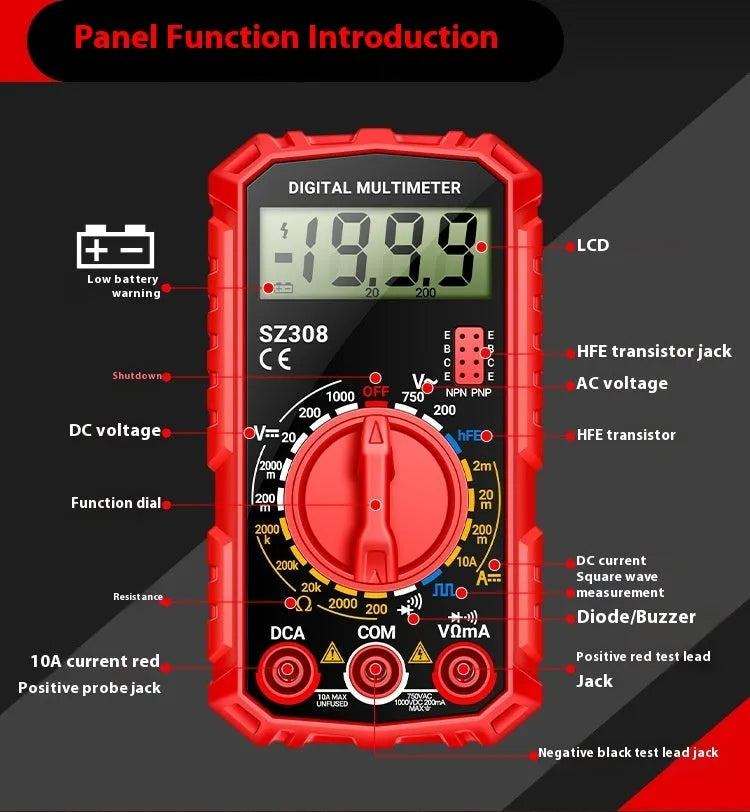 Mini digital multimeter with black casing and test leads on white background