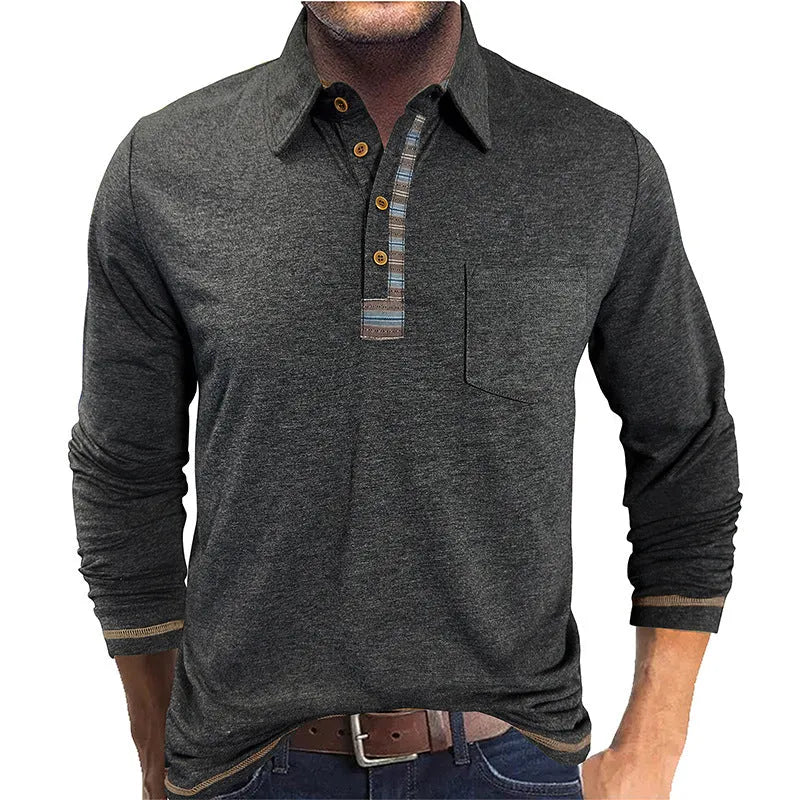 Men's button-down collar long sleeve polo shirt in blue, regular fit, rayon fabric, 210g colour cotton frame