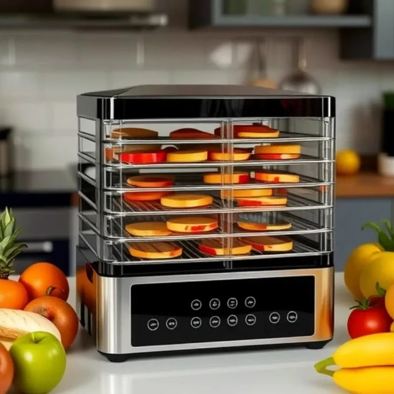 Silver stainless steel fruit dehydrator with 14-litre capacity and digital temperature control panel