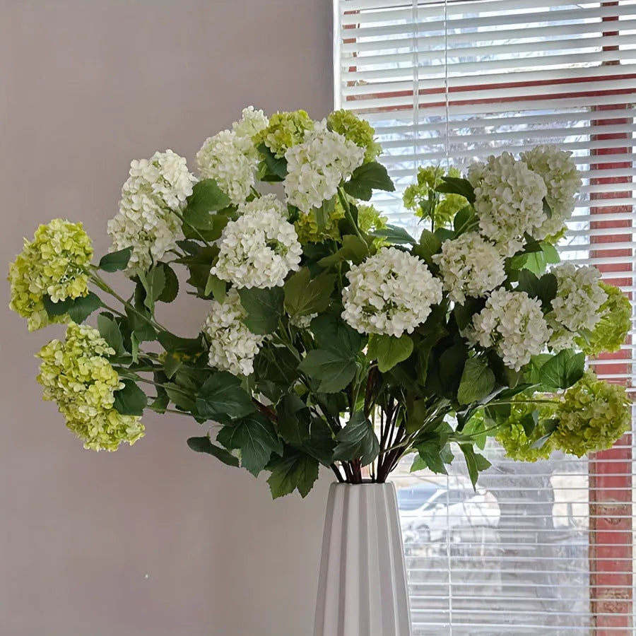 Artificial silk hydrangea flower decoration prop with long branches in white and green for wedding and home use