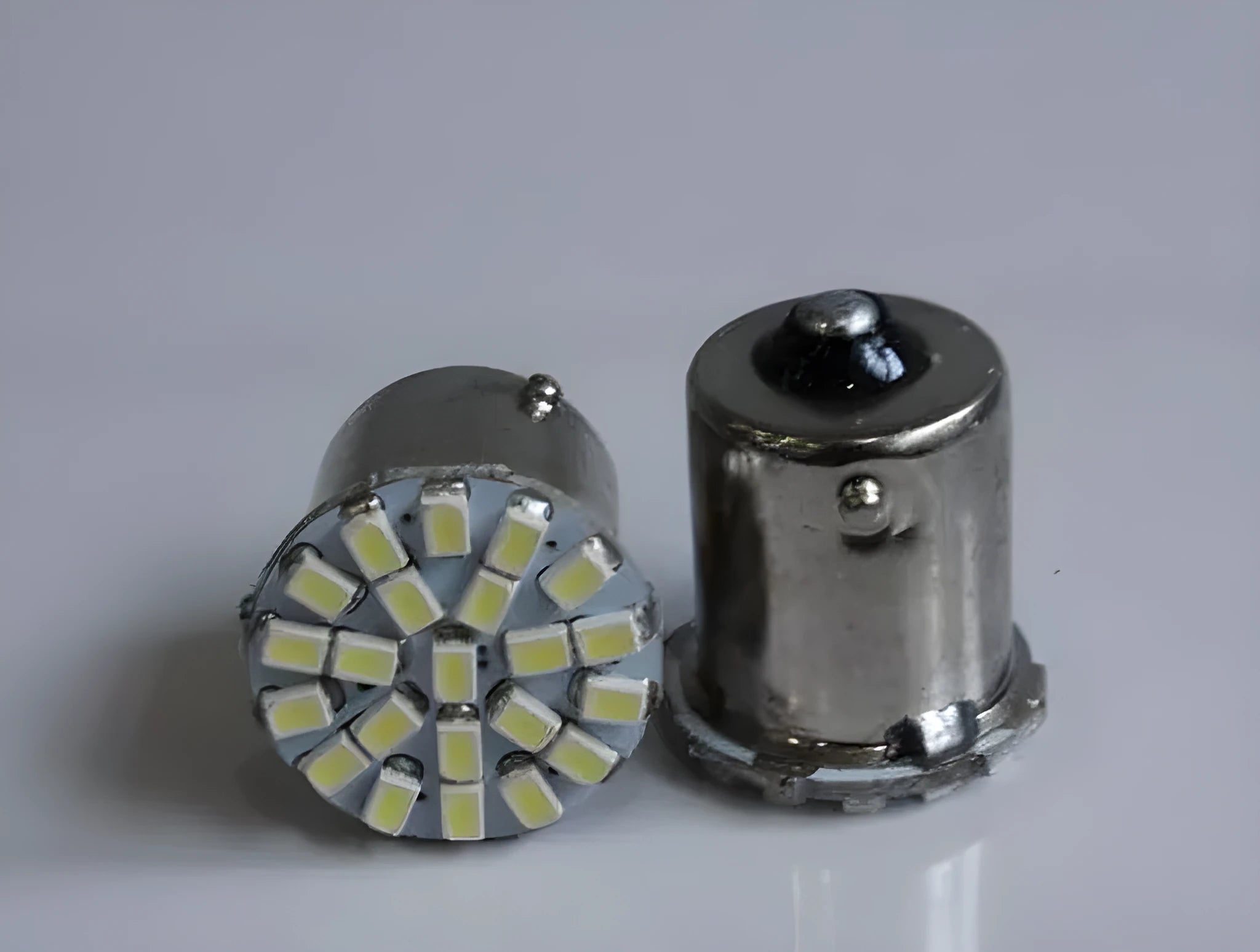 1156 1157 LED automotive brake light and turn signal bulb with 22 white LEDs.