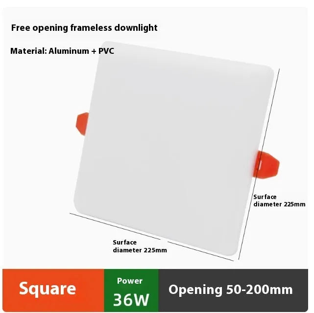 Ultra-thin circular and square aluminium LED panel ceiling lights showing white light.