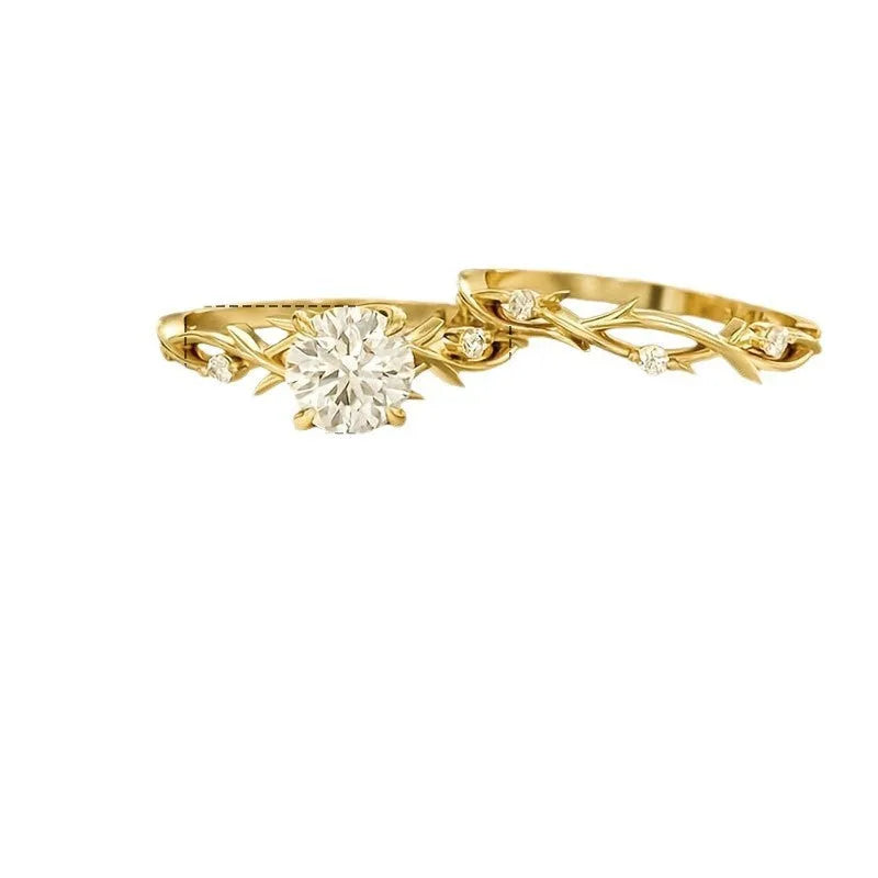 Rose gold couple rings with simulated diamond, geometric copper band, sizes No 6 to No 10, on white background.